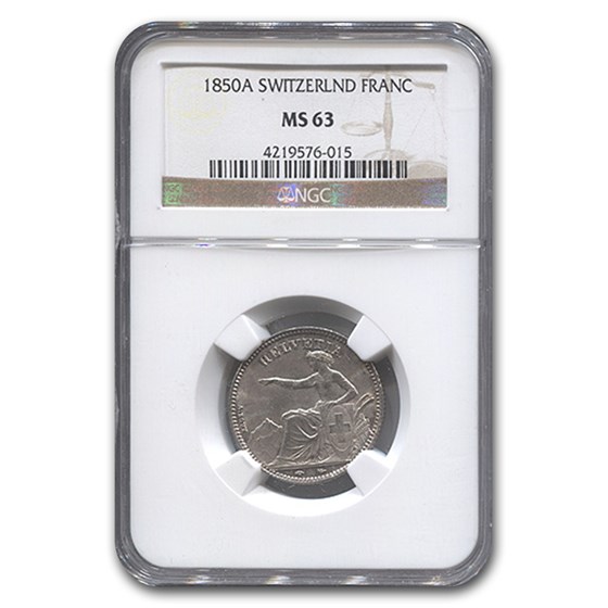 1850-A Switzerland Silver 1 Franc MS-63 NGC 1850-A Switzerland Silver 1 Franc MS-63 NGC